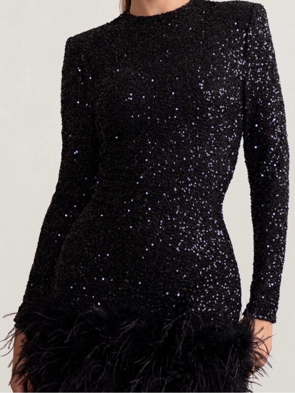 Club L London Black Sequin Long-Sleeve Feather Trim Dress